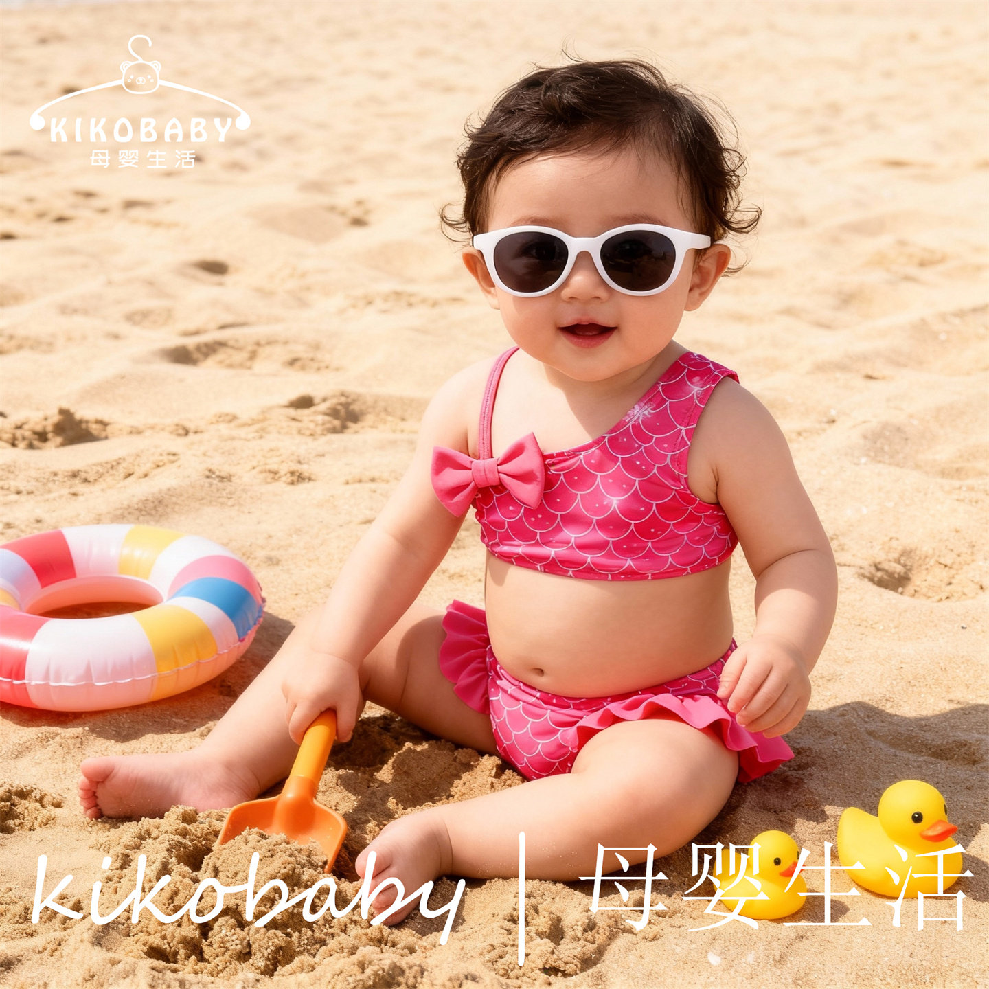 KIKOBABY女宝宝斜肩吊带玫红色美人鱼比基尼分体式 儿童沙滩泳衣