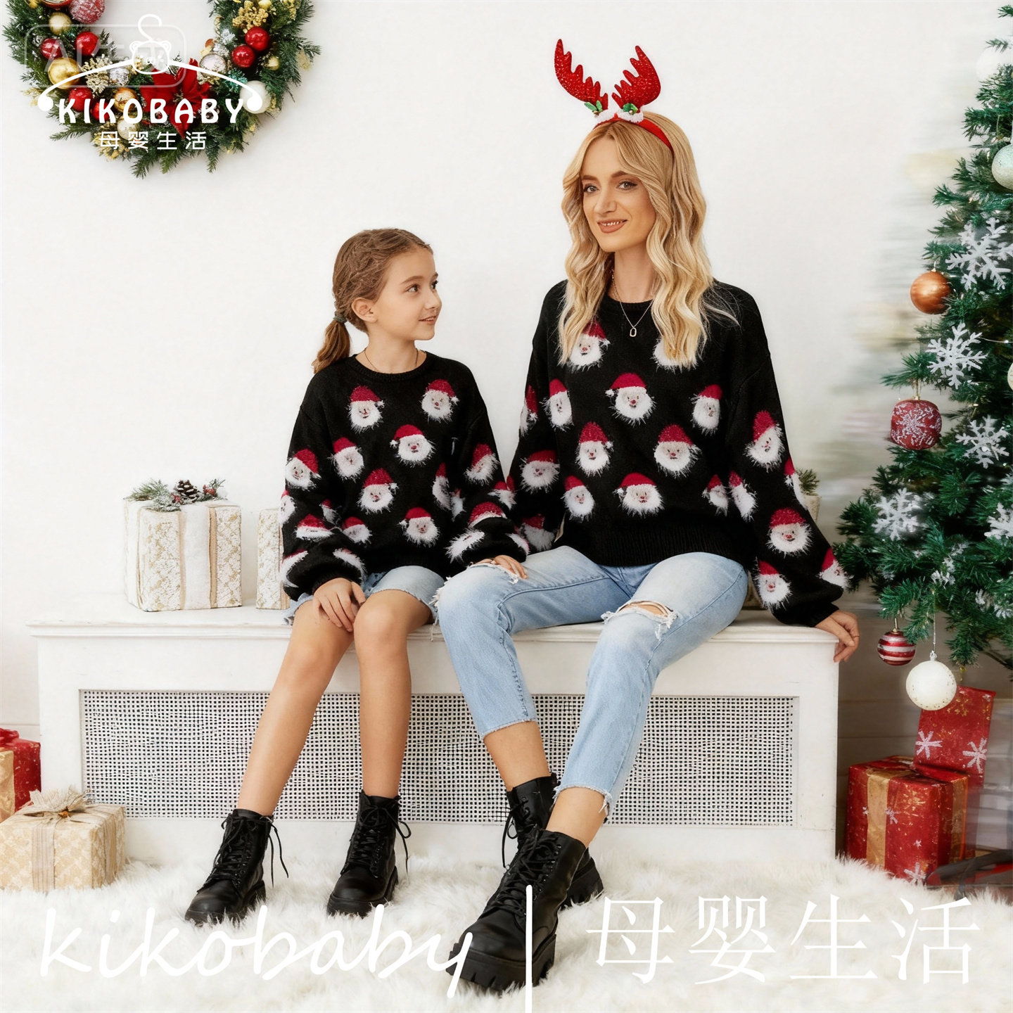 Mom&Me母女圣诞装老人亲子连衣裙欧美女装套头毛衣裙圣诞款跨境