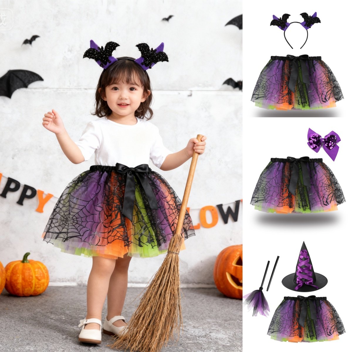 外贸童装万圣节蜘蛛网TUTU裙女童蓬蓬裙发箍游园会装扮HALLOWEEN