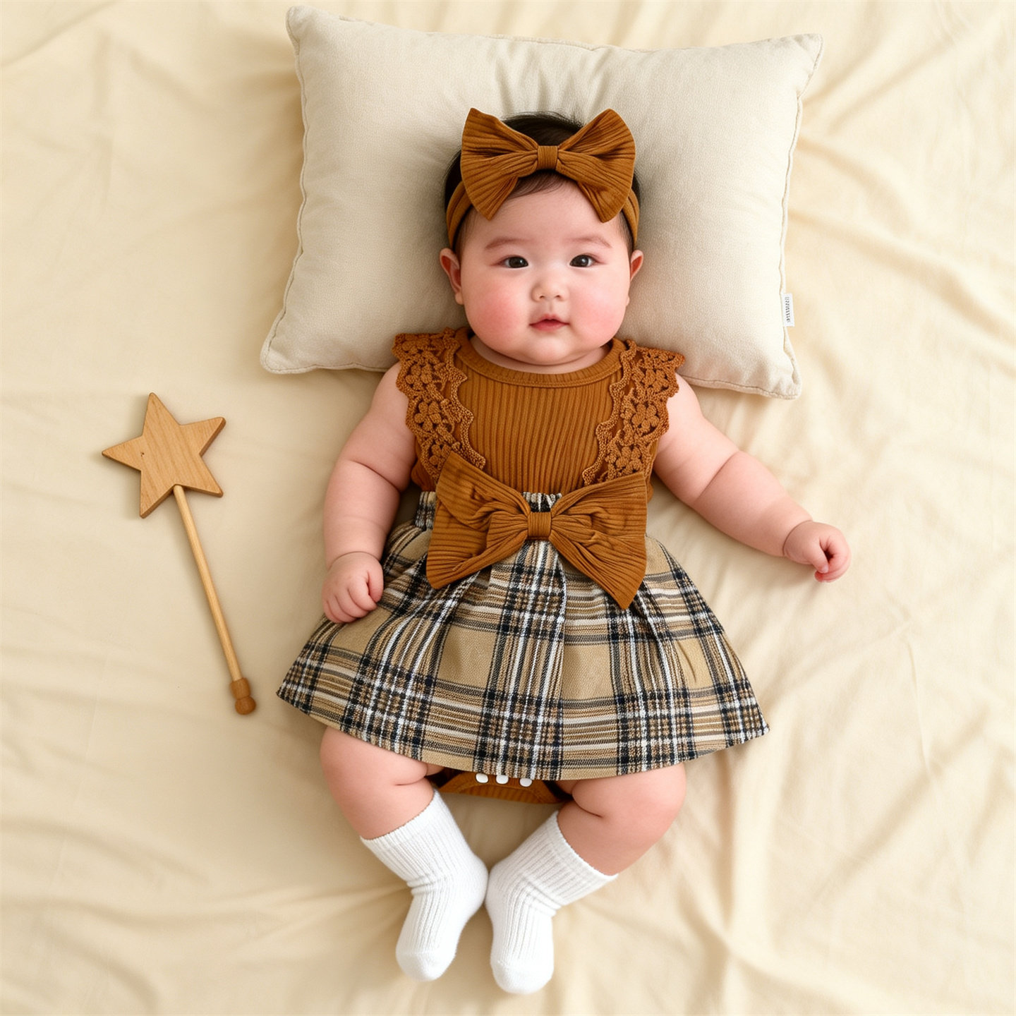 KIKOBABY婴儿裙子哈衣裙大蝴蝶结格子裙女宝宝爬服 婴儿蕾丝哈衣