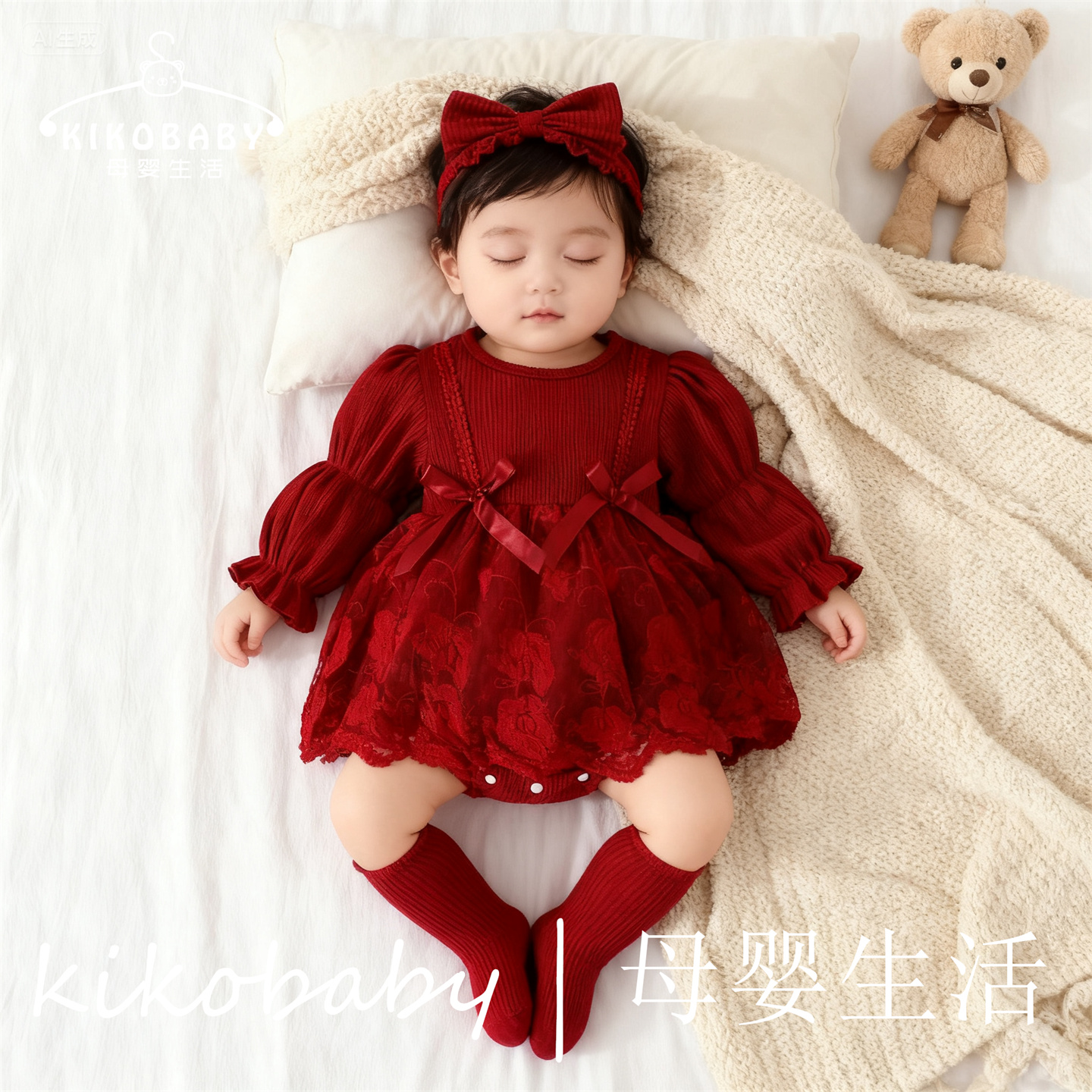 KIKOBABY婴幼儿女宝宝华夫格泡泡袖袖酒红网纱哈衣裙脚套外贸童装