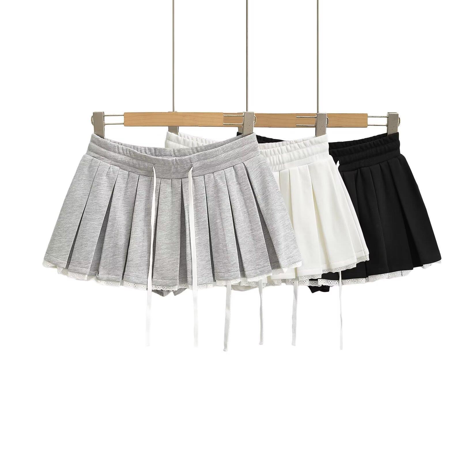 Lace patchwork pleated skirt for women, new drawstring,