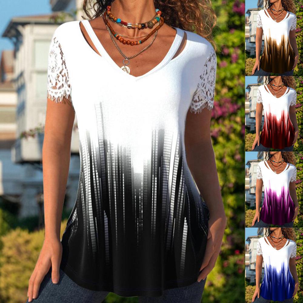 Women's collar lace gradient printed short sleeved T-shirt