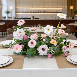 欧式长条餐桌花假花花艺 西餐方形长桌布置酒店摄影道具仿真花