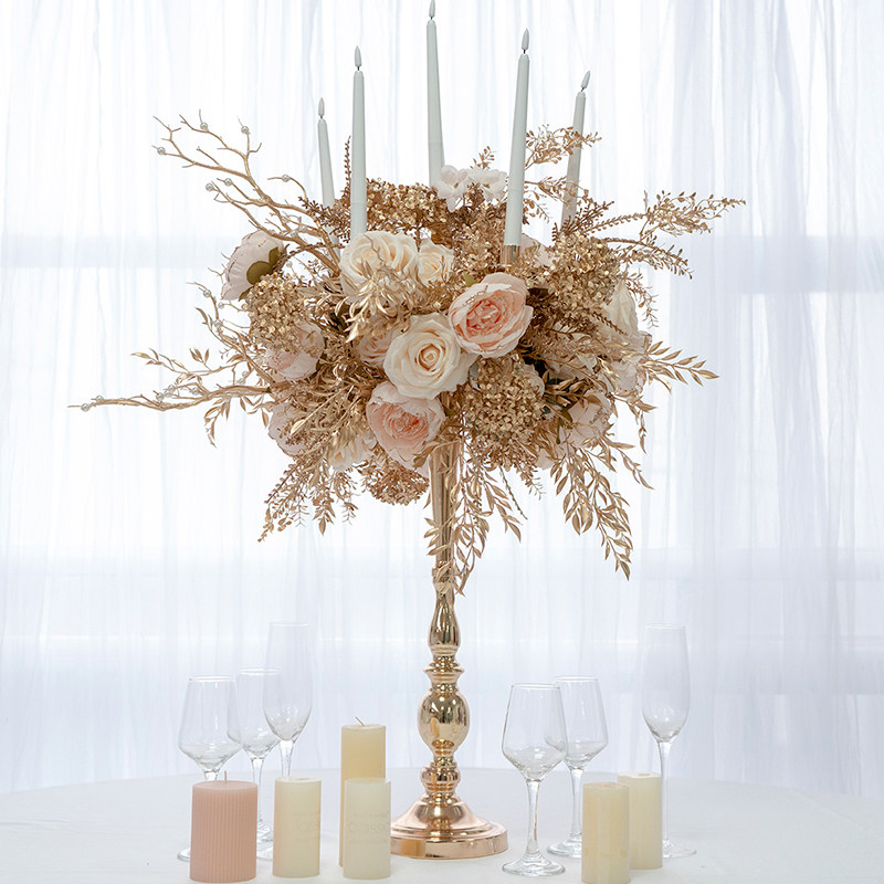 欧式婚礼装饰烛台花艺套装 金色花艺仿真假花礼堂桌面装饰布置花
