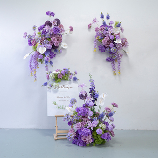 饰紫色壁挂花艺 婚礼装 KT板墙面摄影背景布置仿真绢花挂花地排花