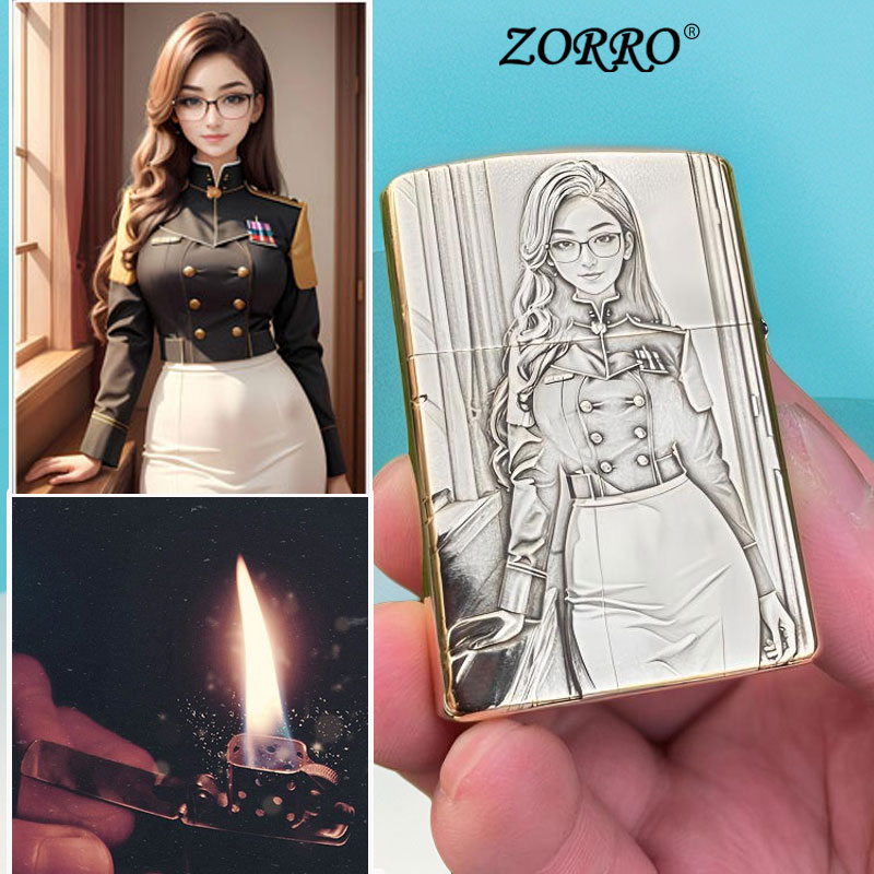 ZORRO佐罗定制照片防风煤油打火机纯铜立体浮雕图片纪念礼物刻字