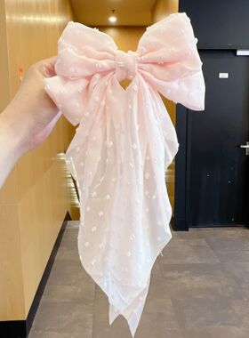 超仙法式雪纺蝴蝶结头饰大发夹女弹簧夹后脑勺发卡黄色头花人鱼姬