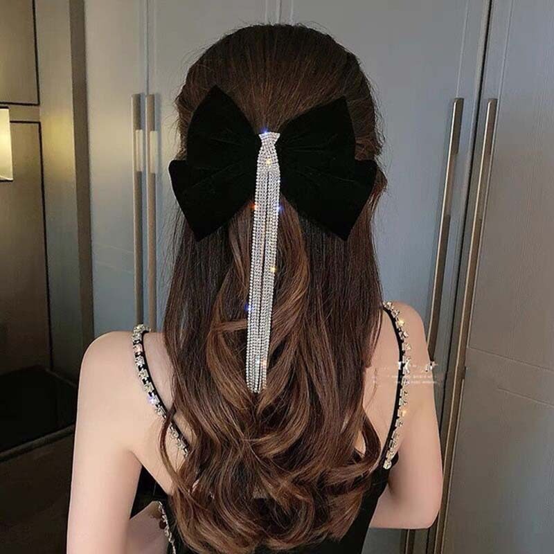 新娘红色大蝴蝶结敬酒服发夹丝绒高级感晚礼服弹簧夹流苏头饰品女