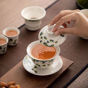 三才盖碗茶杯单个羊脂玉草木灰茶花茶具家用功夫茶碗带盖高档陶瓷