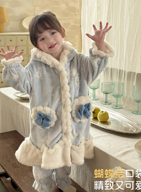 2026儿童冬季立体蝴蝶结口袋女童毛毛家居服套装Z-26929-汉服