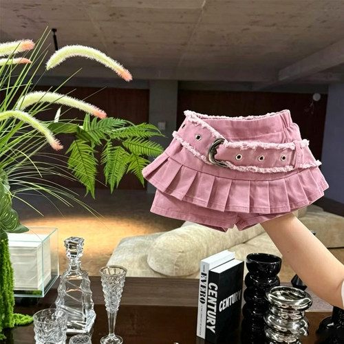 设计款粉色腰带捏褶百褶裤裙