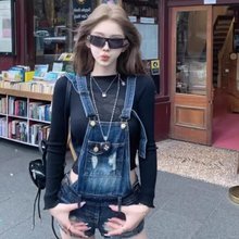 美式复古破洞牛仔背带裤短裤女2025新款夏小个子甜酷辣妹性感热裤