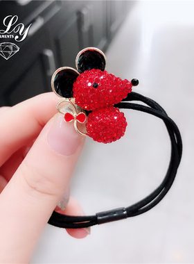 本命年发绳可爱小老鼠发圈红色新年礼物发饰闪亮水钻满钻皮筋头绳