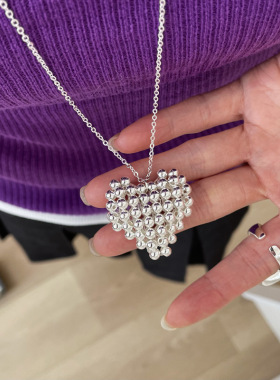 韩版手工串珠爱心项链铜珠厚银电镀小众百搭ins长款毛衣链