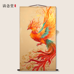现代中式轻奢风客厅装饰画红色火凤凰寓意入户玄关走廊挂画餐厅画