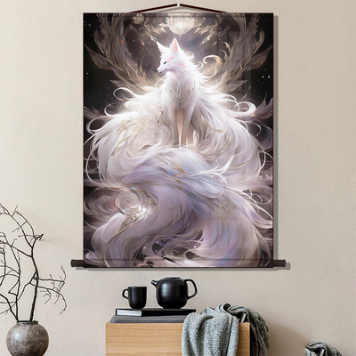 招财九尾狐挂画三尺三白色九尾胡九霄胡家东北出马客厅堂口装饰画