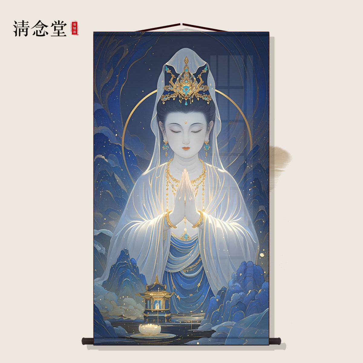 白衣观音画像保平安佛堂供奉挂画观世音菩萨佛像挂画丝绸画卷轴画