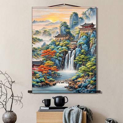 仙家堂口客厅山水画仙堂背景东北堂屋供奉风水画风景画丝绸挂画轴