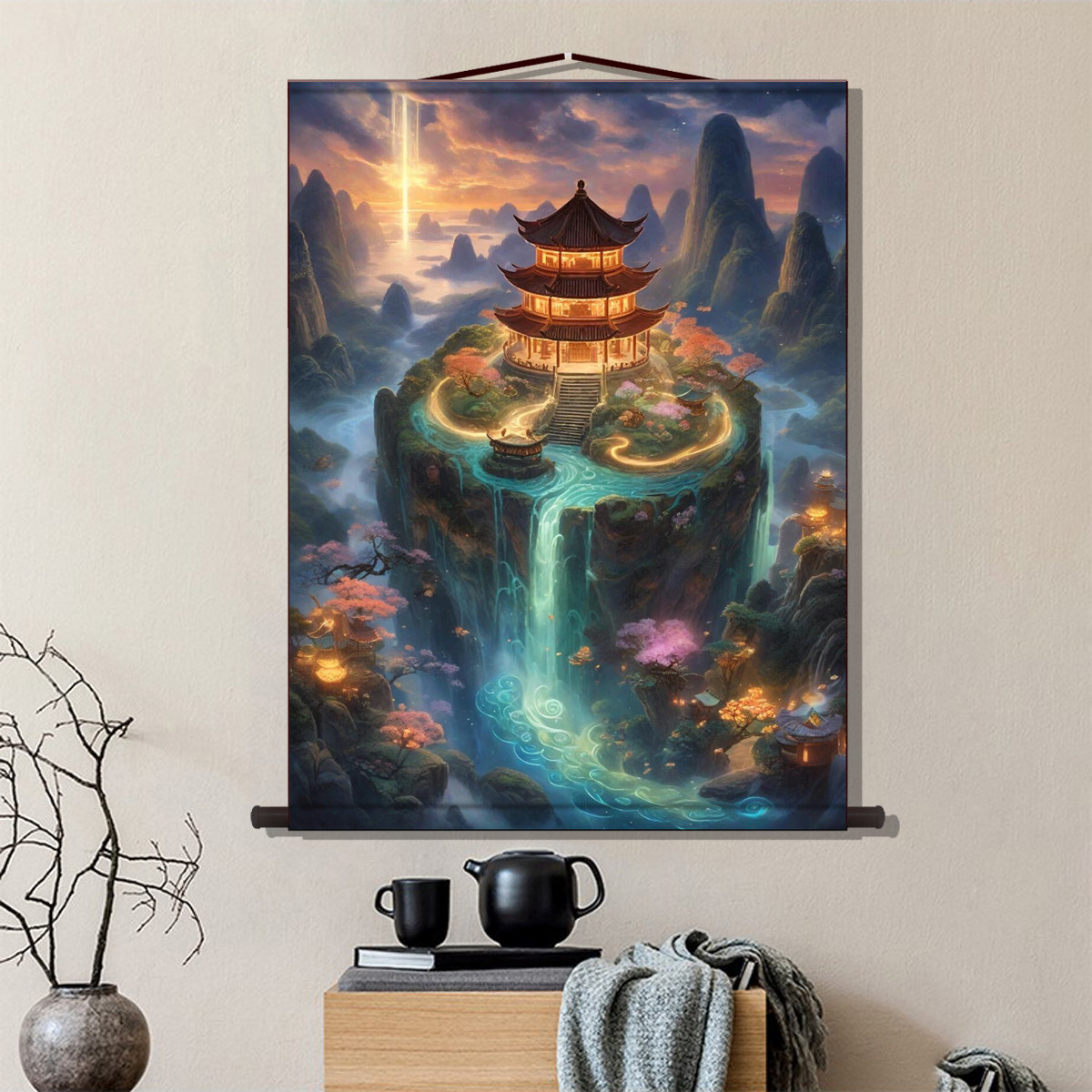 人间仙境堂竖版山水画人间仙境无活物壁画暗堂墙贴小桥亭子风景画,家居饰品,国画,淘宝优惠券,粉丝福利购,淘宝优惠卷