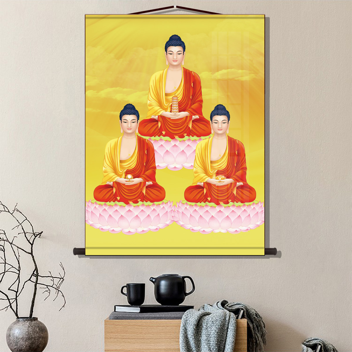 三宝佛像挂画三世佛药师佛阿弥陀佛释迦牟尼佛大日如来佛祖卷轴画
