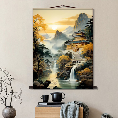 仙家堂口国画山水风景暗堂流水生财玄关客厅装饰道家卷轴挂画