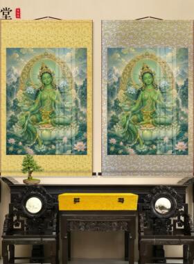 藏式绿度母画像挂画高清庄严绿度母唐卡居家佛堂供奉丝绸卷轴挂画