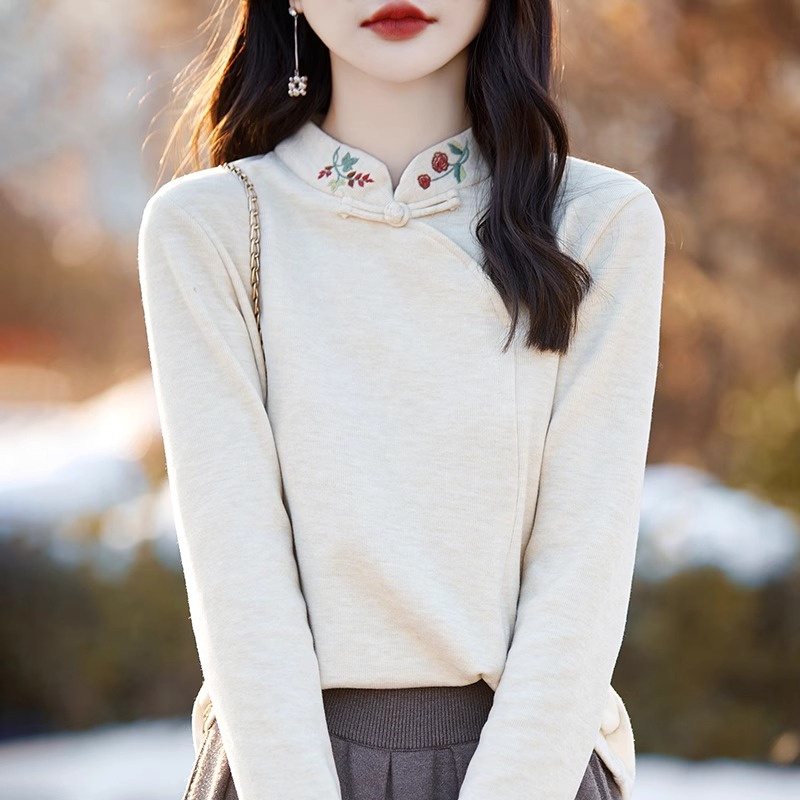 国风刺绣旗袍领保暖内搭长袖