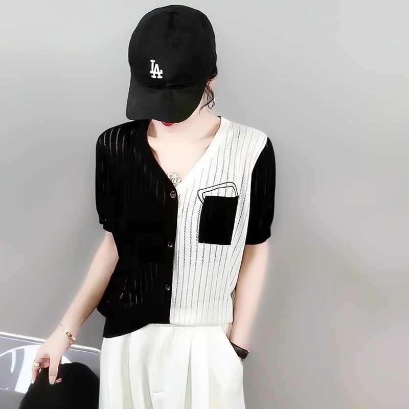 V领时尚拼色短袖亚麻针织衫女