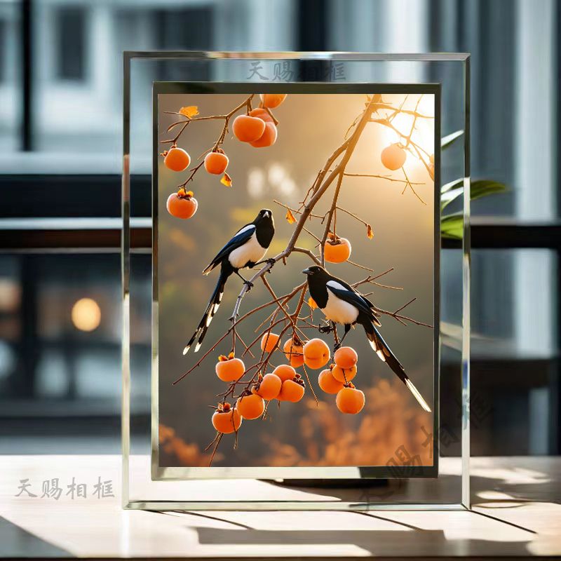 喜鹊抱喜送吉祥相框桌面摆台好柿