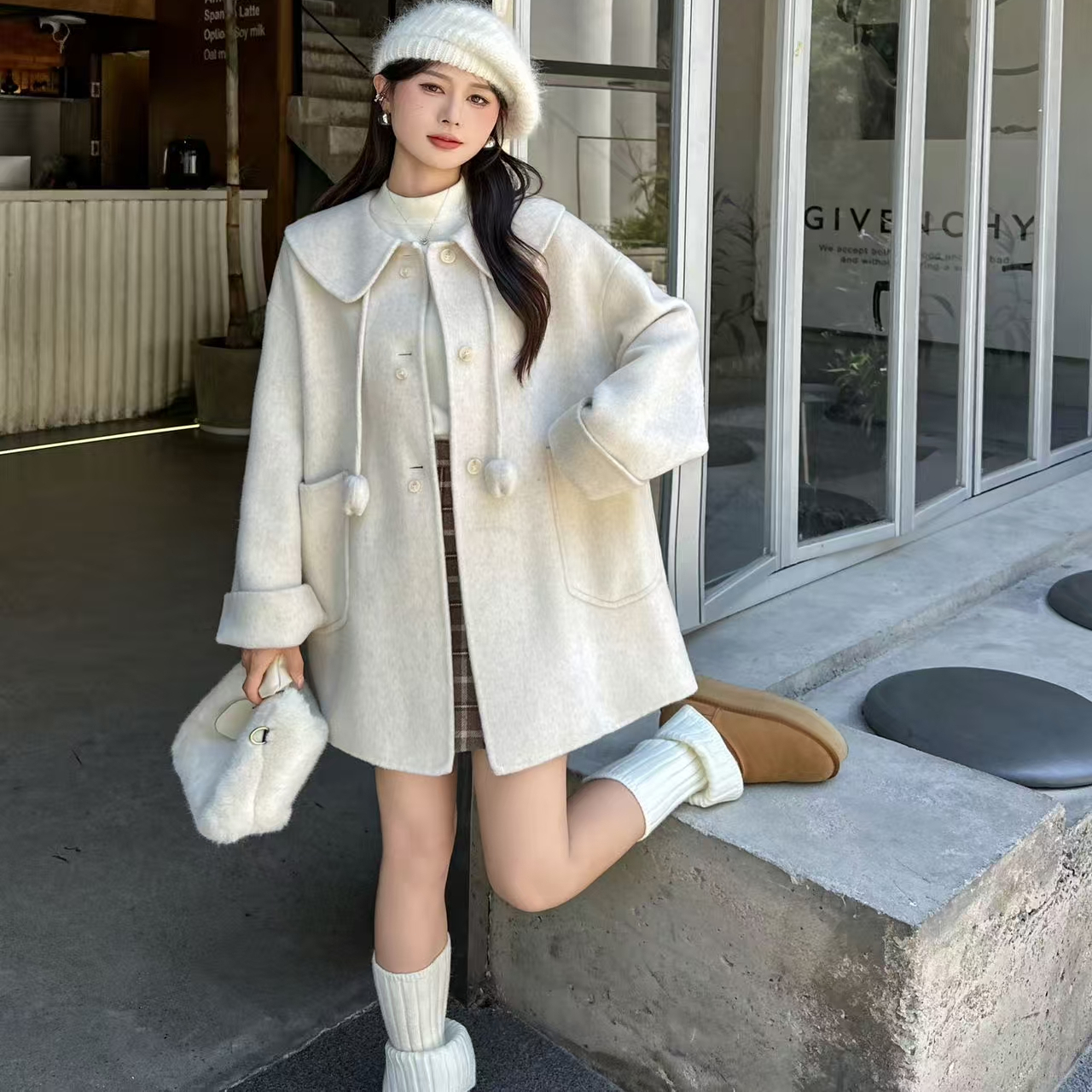 双面羊毛中长款娃娃领毛呢子外套