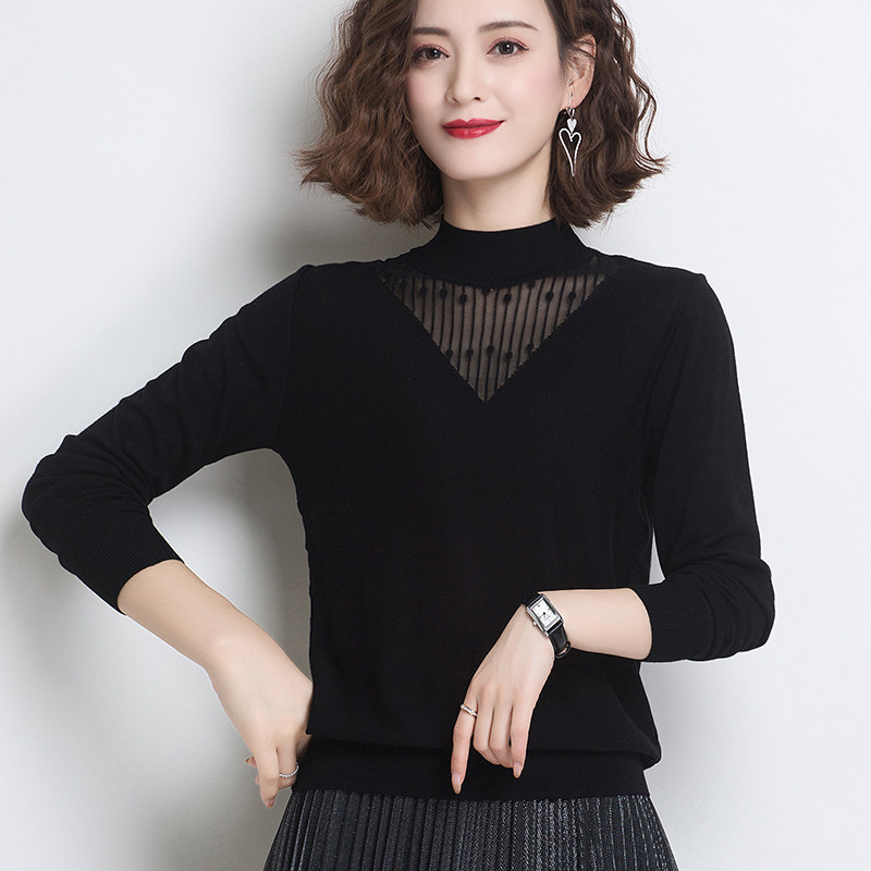 春秋针织打底衫女士短款秋冬装妈妈薄款套头洋气大码内搭网纱毛衣
