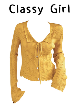 《橘子日落》系带长袖毛针织衫女收腰早秋黄色别致短款上衣