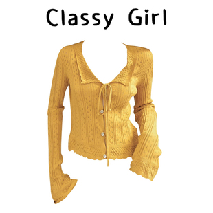 《橘子日落》系带长袖毛针织衫女收腰早秋黄色别致短款上衣