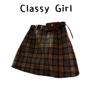 美拉德格纹毛呢半身裙秋冬新款 百搭洋气显瘦A字身短裙腰带包包裙