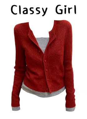 时髦洋气撞色针织开衫打底毛衣女秋冬百搭显瘦红色气质假两件上衣