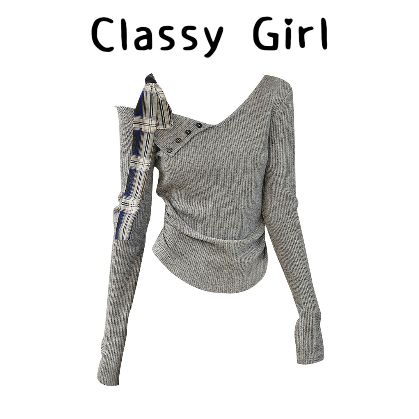 早秋显瘦气质不规则领针织上衣