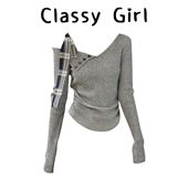 蝴蝶结绑带不规则领针织上衣 T恤女秋季 解构式 灰色长袖