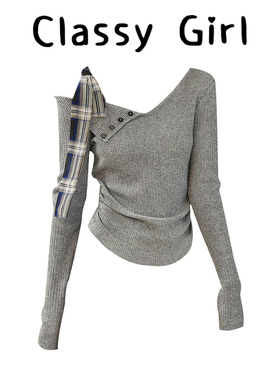 《解构式》灰色长袖T恤女秋季蝴蝶结绑带不规则领针织上衣