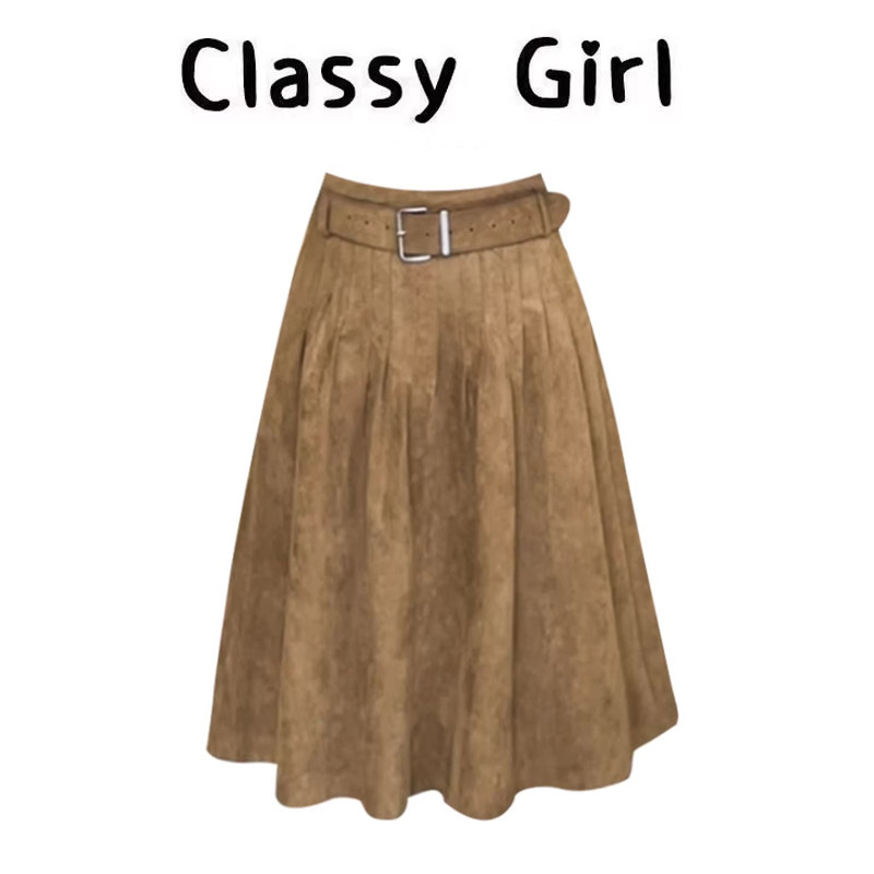 复古麂皮绒腰带半身裙女春季美拉德棕色高级感宽松A字百搭短裙潮