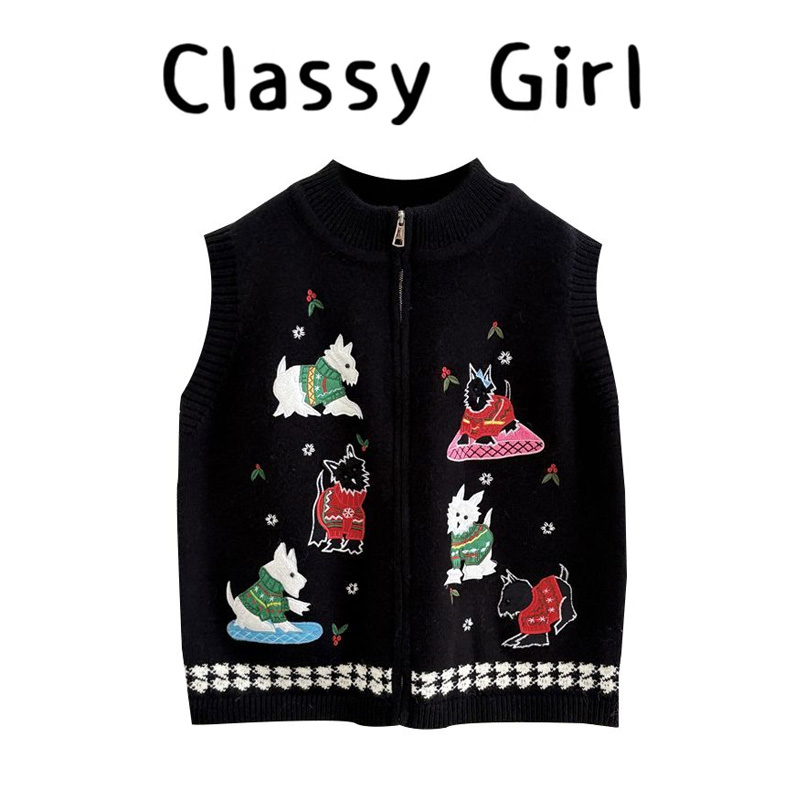 秋冬卡通刺绣针织宽松马甲上衣