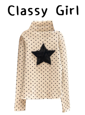 白色半高领长袖磨毛加厚T恤女秋冬季内搭打底衫波点星星绣花上衣