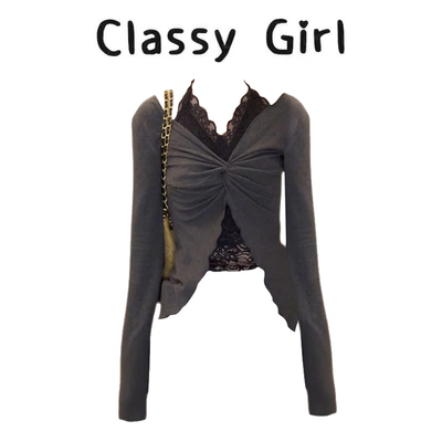 早秋设计感小众蕾丝假两件上衣