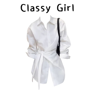 韩系设计感侧腰绑带收腰显瘦衬衫女早春气质通勤百搭ins长袖衬衣