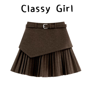 拼接假两件百褶裙包臀高腰a字短裙 时尚 复古毛呢半身裙女冬季 新款