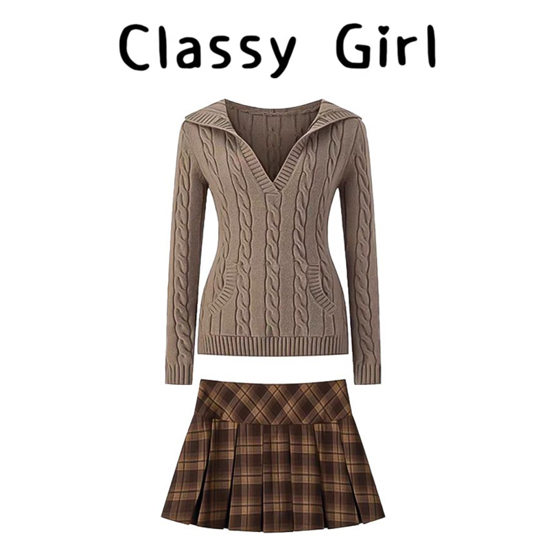 秋冬学院风连帽毛衣百褶裙套装