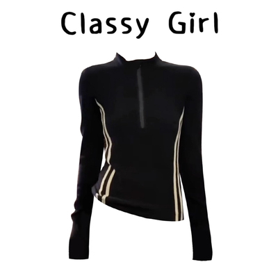 秋冬复古撞色半拉链时尚t恤上衣