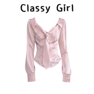 韩系穿搭 衬衫 独特漂亮早秋上衣女法式 polo领条纹显瘦巨好看