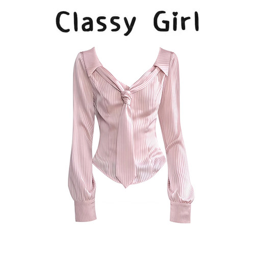 早秋韩系法式显瘦polo领条纹衬衫