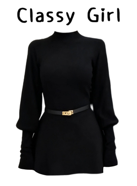 法式赫本风半高领灯笼袖黑色收腰毛衣女2025秋冬新款显瘦内搭上衣